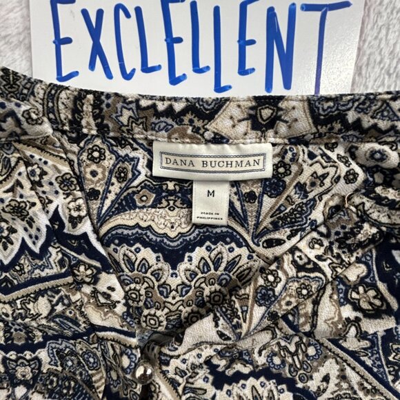 Dana Buchman Womens Paisley Print Tunic Top Medium 3/4 Sleeve Beige Navy Stretch - Picture 4 of 10